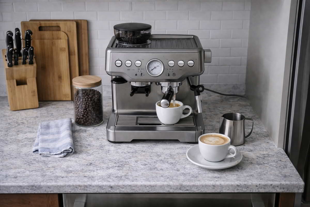 A realistic kitchen counter with an espresso machine, cups, milk pitcher, and small prep space around it, showing how counter footprint and workspace affect daily use