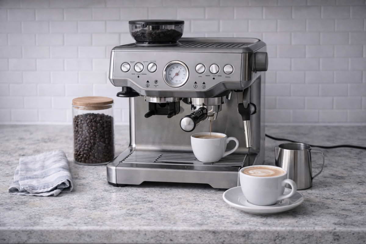 A realistic home coffee station with an espresso machine, cups, and milk pitcher set up for an everyday morning routine in a finished kitchen