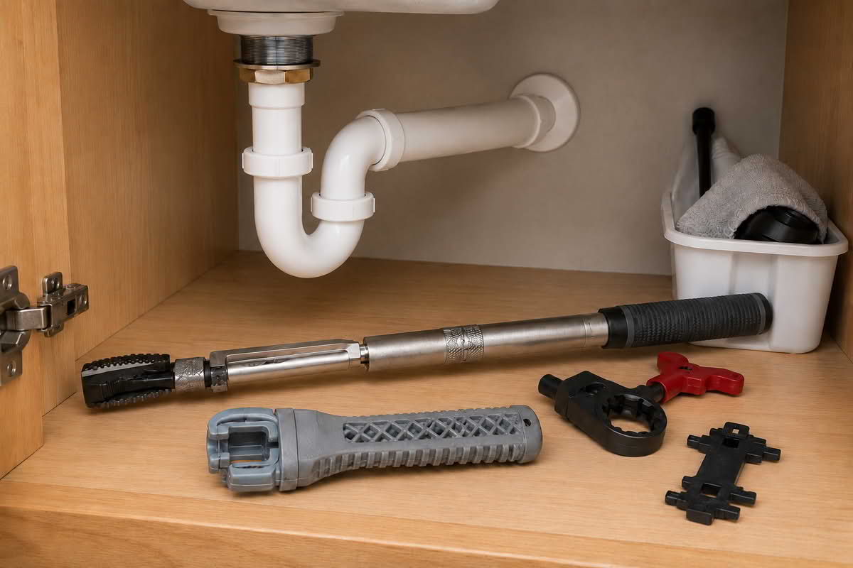 Basin wrench and compact plumbing tools arranged inside an under-sink cabinet