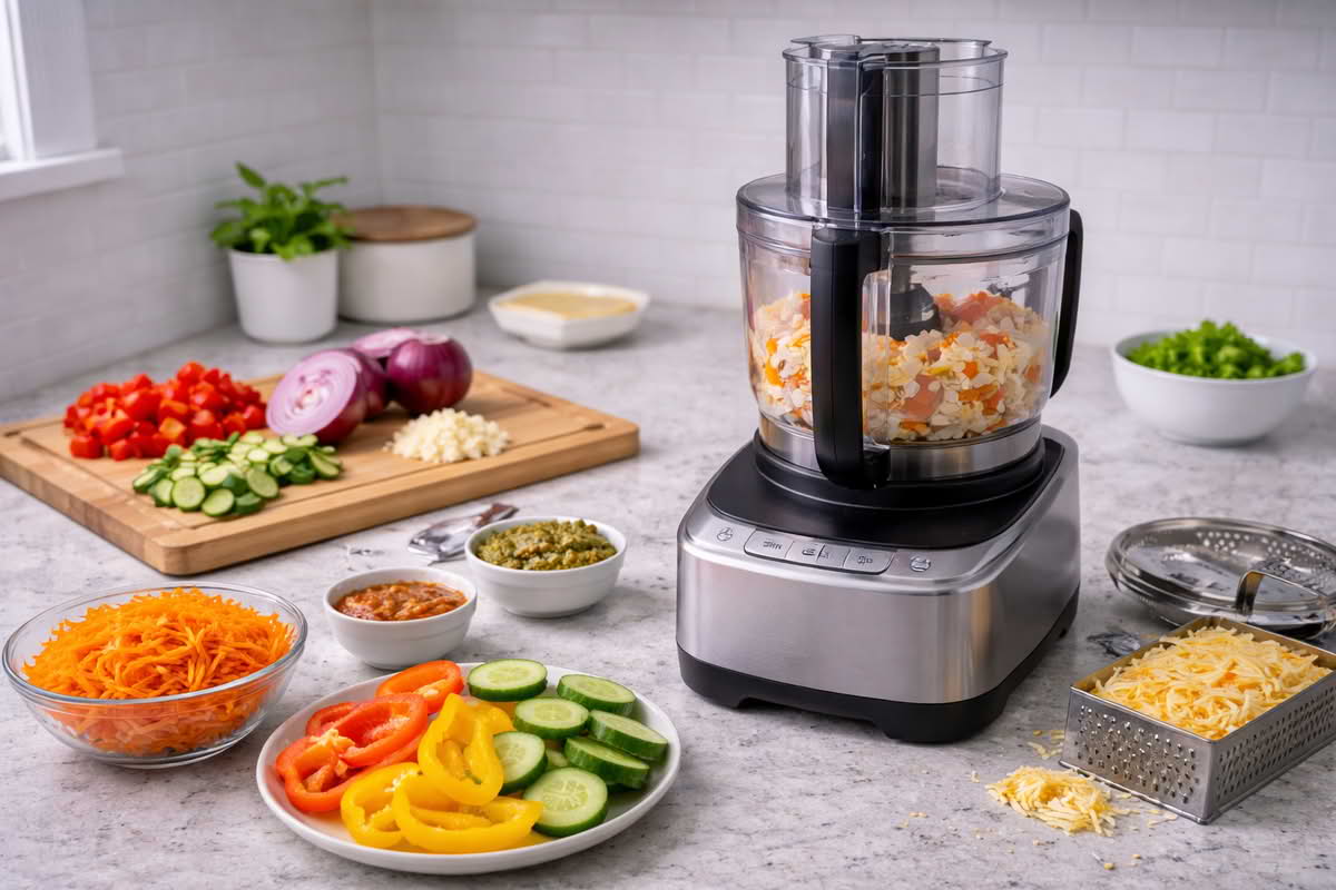 A realistic food processor in a home kitchen beside chopped vegetables, sliced produce, and shredded ingredients, showing its role in speeding up everyday kitchen prep