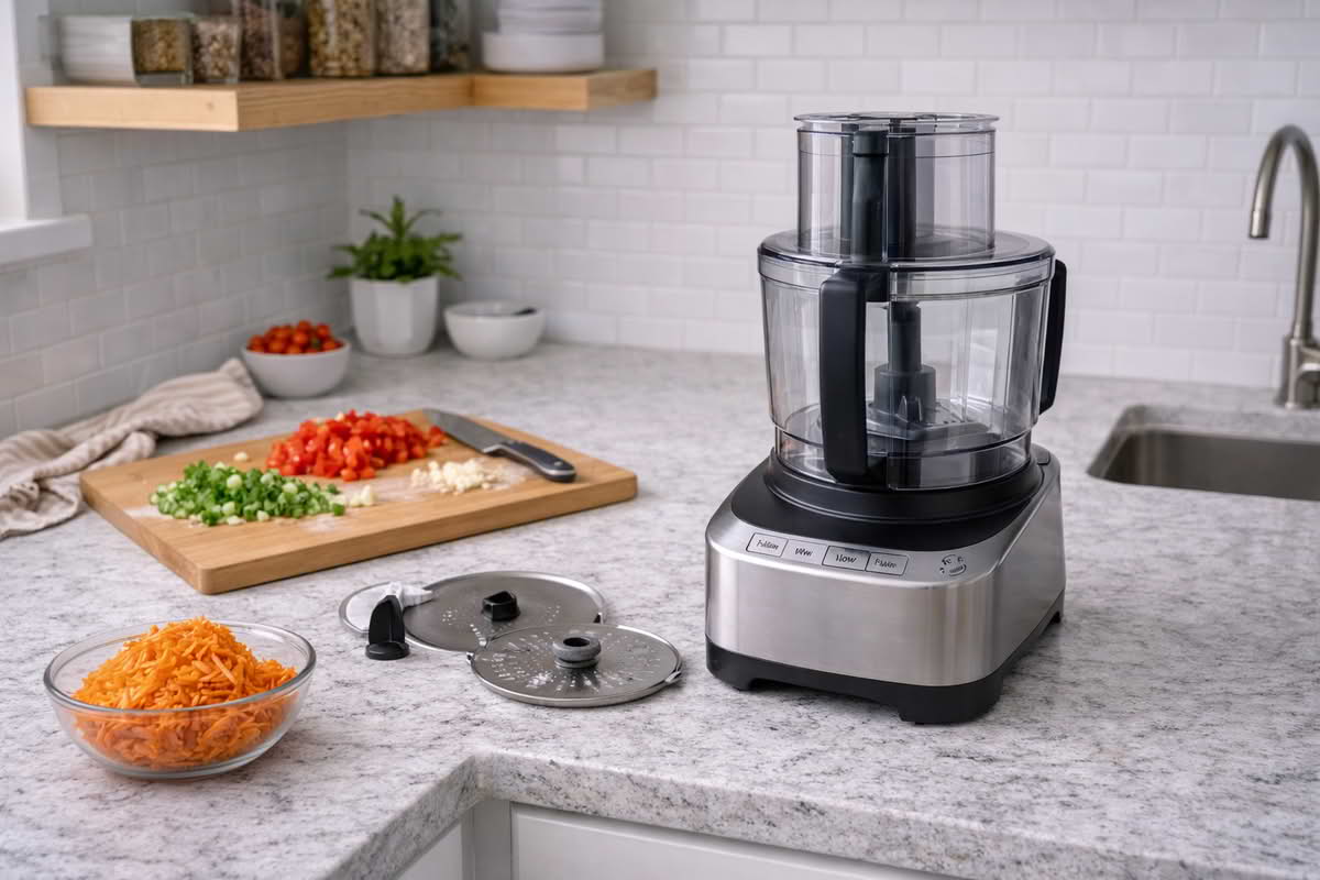 A realistic kitchen scene showing a food processor stored accessibly near a prep area with its main bowl and parts kept manageable, illustrating everyday storage and cleanup practicality