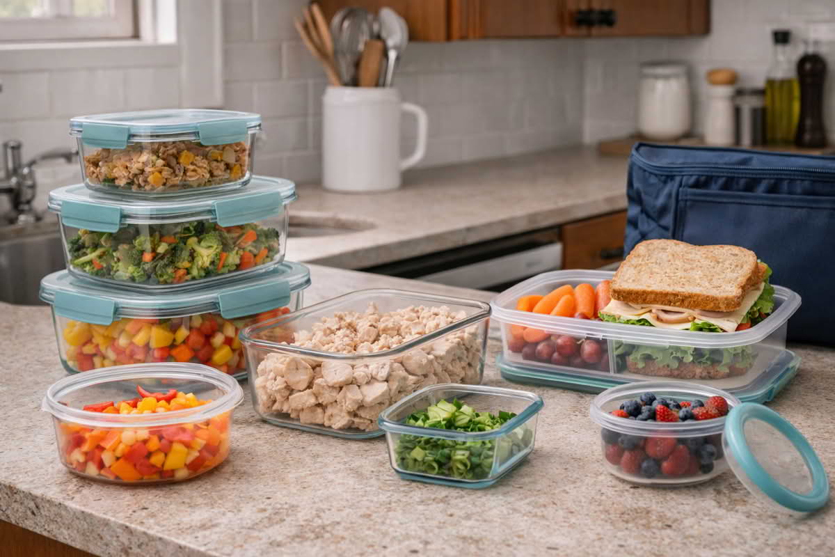 A realistic home kitchen scene with food storage containers holding leftovers, chopped produce, and lunch components, showing how containers support everyday kitchen workflow