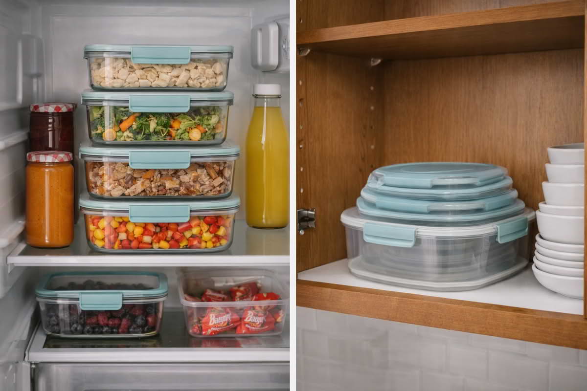 A realistic refrigerator and kitchen cabinet setup showing food storage containers stacked neatly when full and nested sensibly when empty