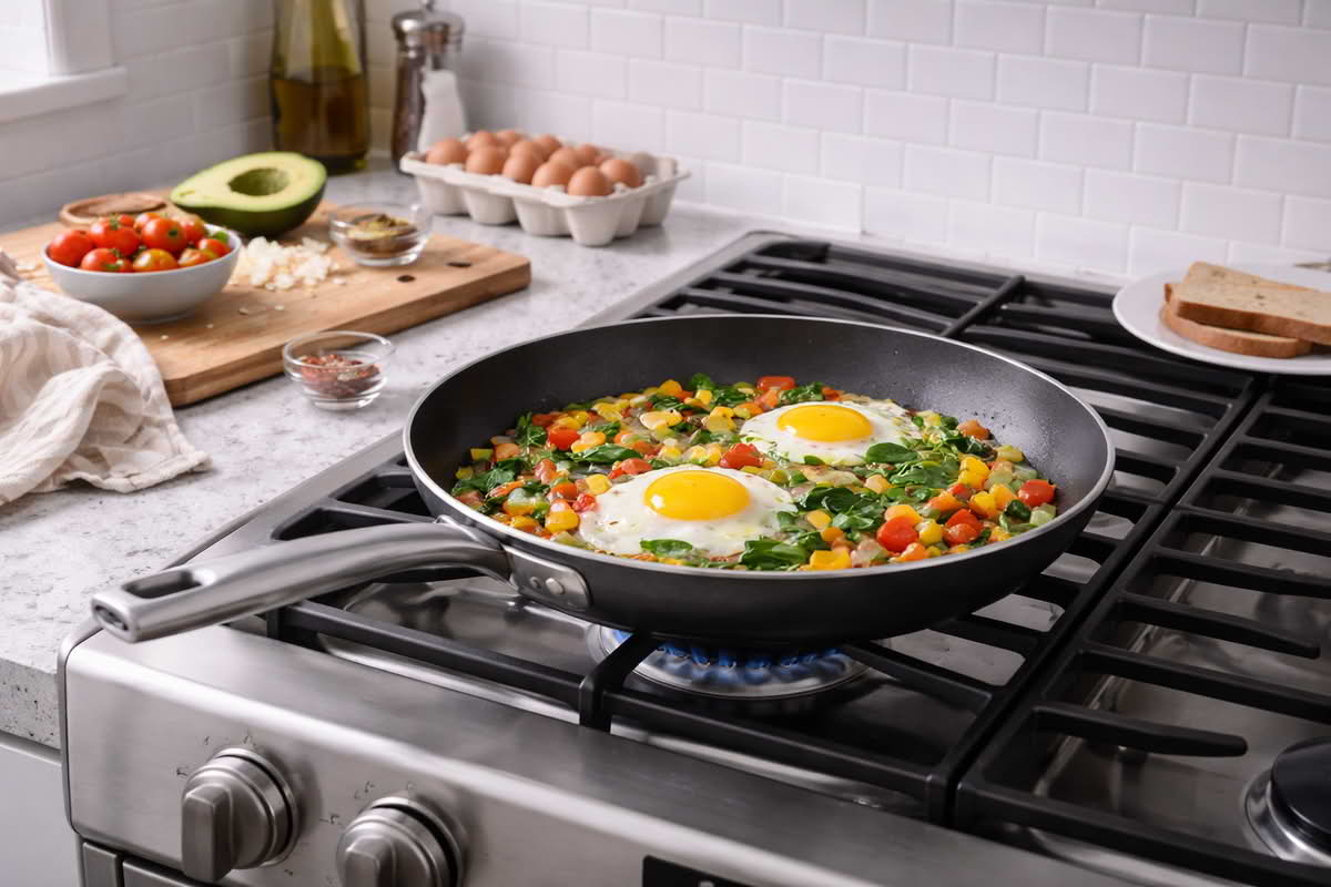 A realistic frying pan in a home kitchen cooking an everyday meal with vegetables and eggs on a stovetop, showing how a pan fits into routine daily use