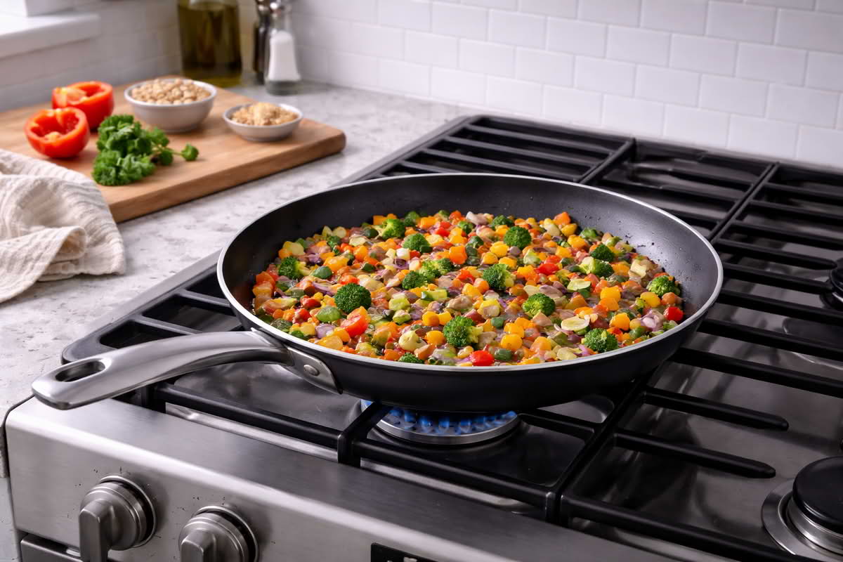 A realistic skillet on a stovetop with vegetables spread across the usable cooking surface, showing how pan shape and base area affect browning and crowding