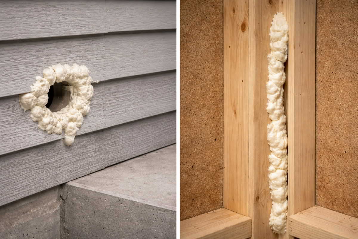Expanding foam and sealant products positioned near a wall penetration and framing gap for controlled air-sealing work