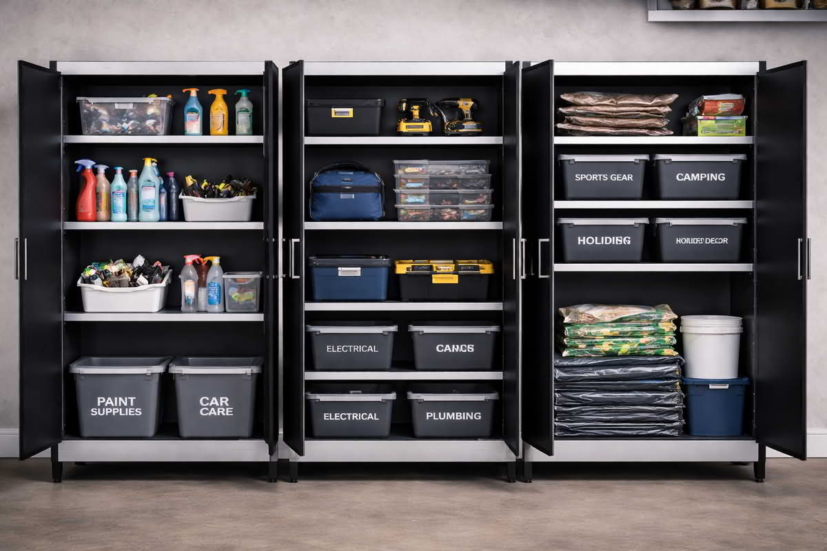 Garage cabinets with adjustable shelves storing household supplies, tools, and labeled bins
