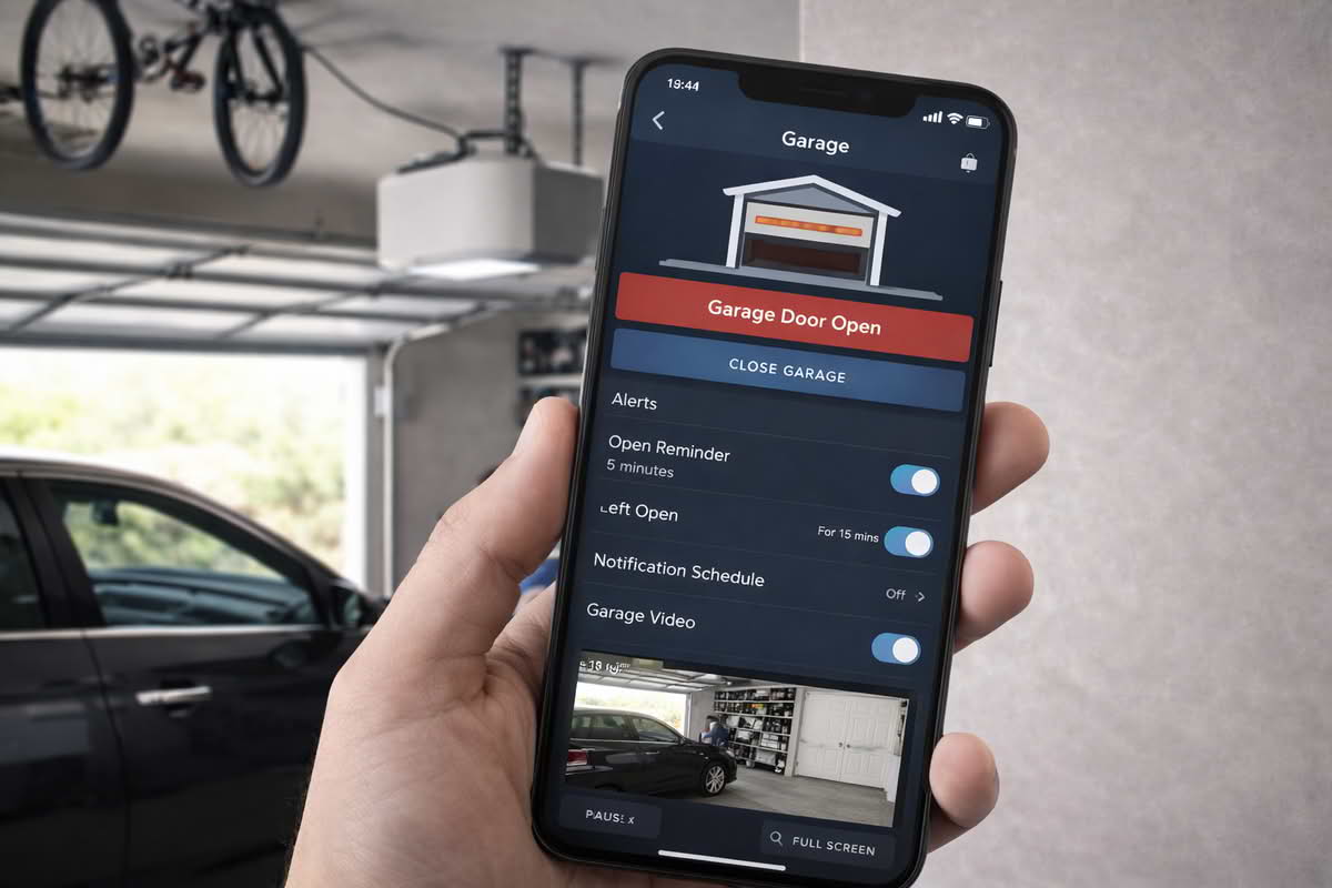 Smart garage door control app showing open-closed status, alert settings, and optional camera view