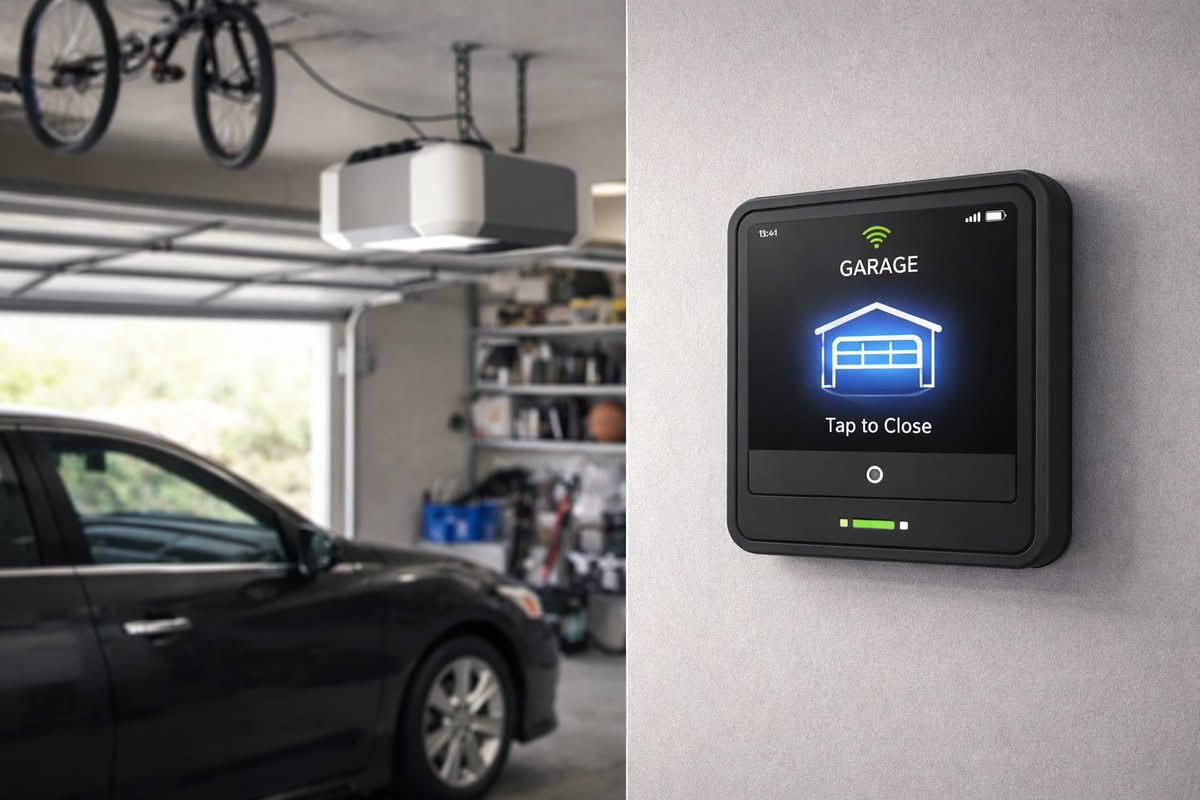Garage door opener with smart controller attached in a residential garage used as a main household entry