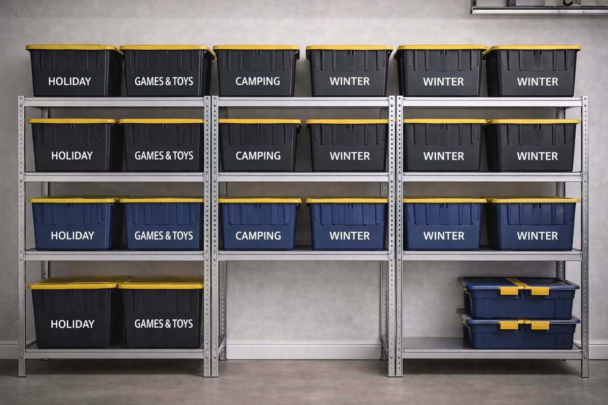Garage shelving sized to hold matching storage bins with labeled rows and walkway clearance
