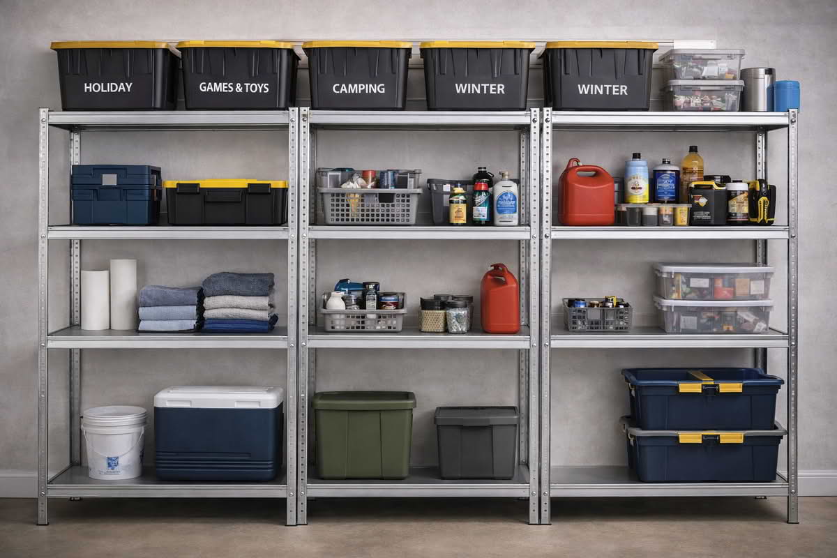 Metal garage shelving installed along a wall with clear space above and below each shelf