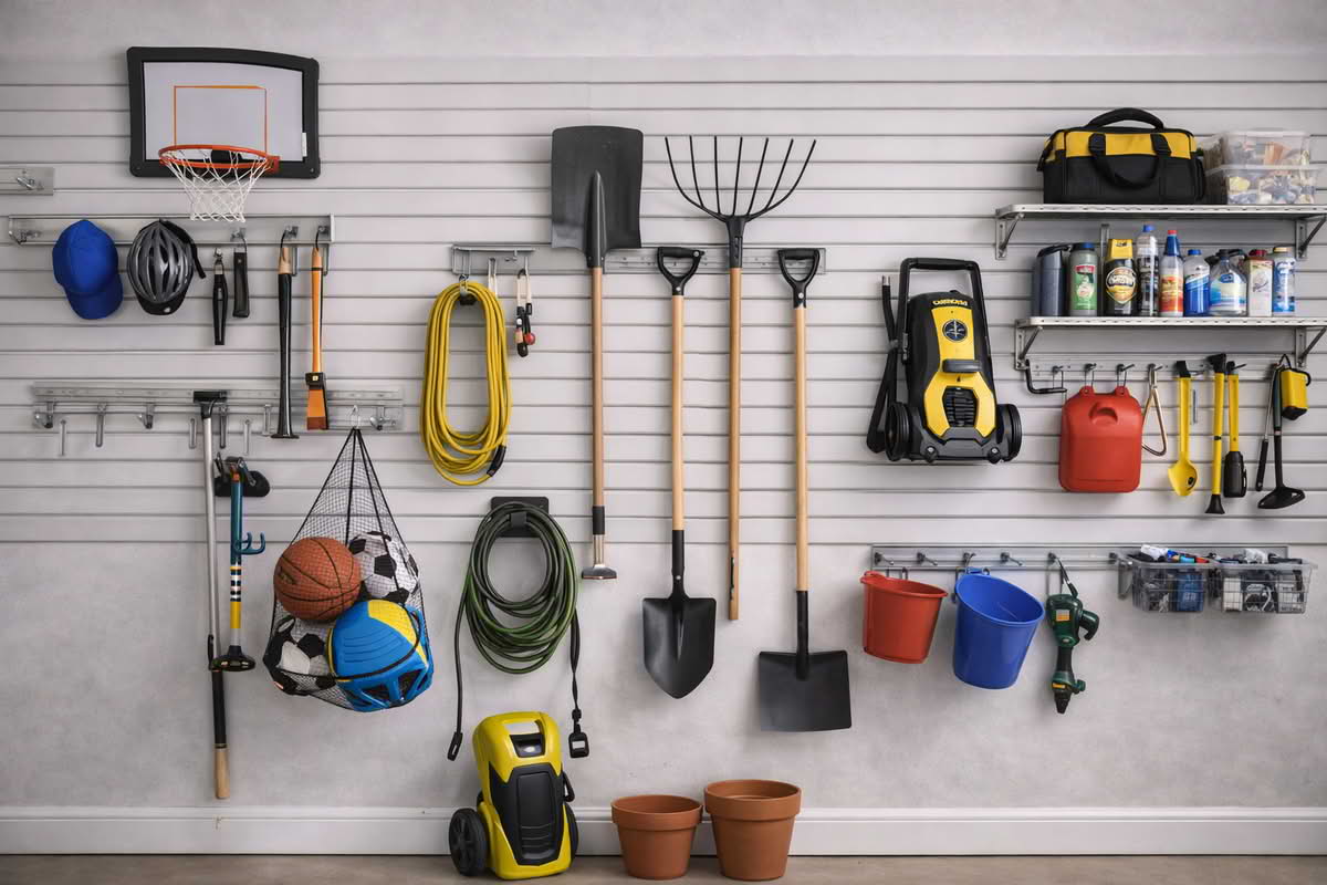 Garage wall storage arranged in zones with hooks, rails, and shelves for different household gear