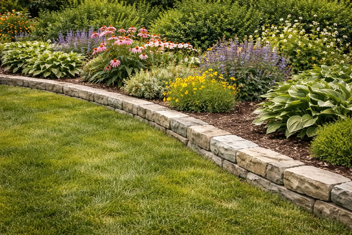 Stone border separating a garden bed from a lawn