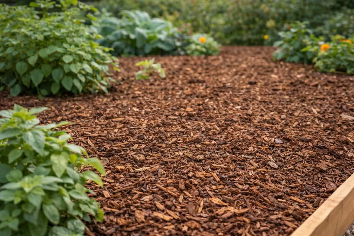 garden planting bed covered with a thick layer of organic mulch