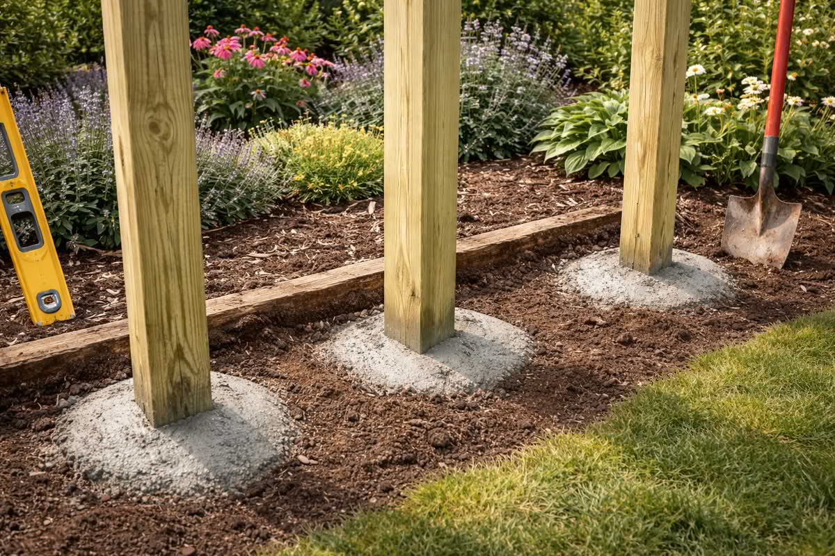 Fence posts installed in concrete foundation for stability