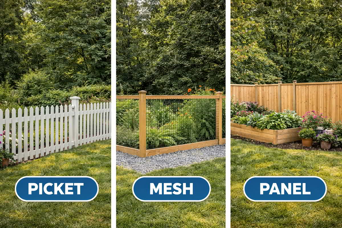 Different garden fence styles including picket fence, mesh fence, and panel fence