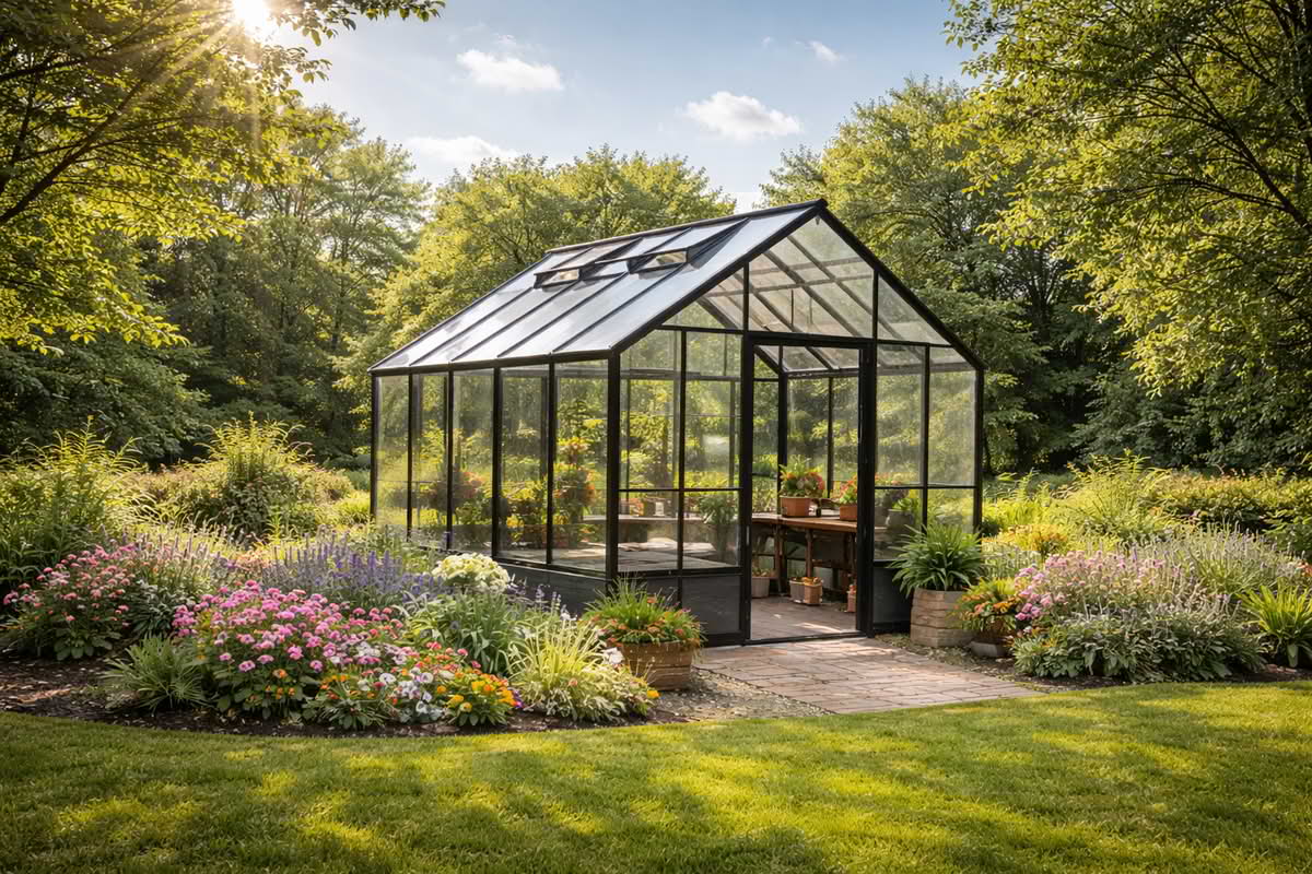 Greenhouse placed in an open garden area receiving full sunlight