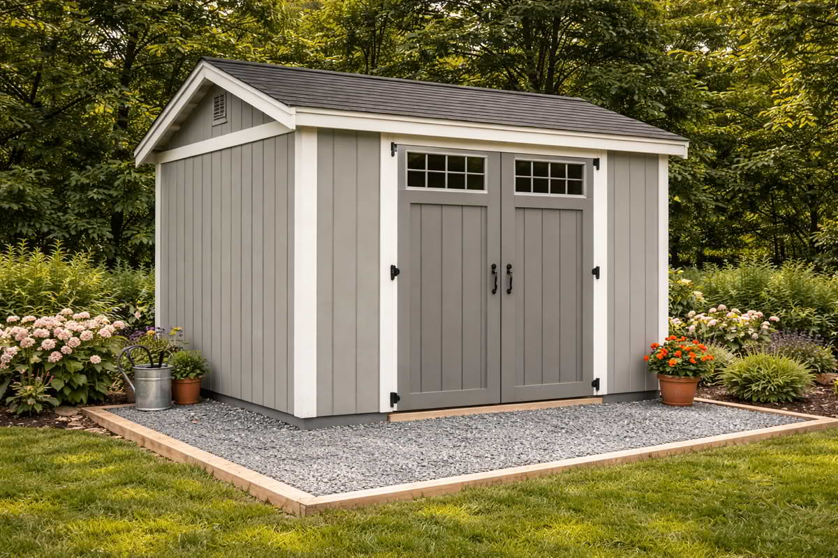 Garden shed installed on a compacted gravel foundation base