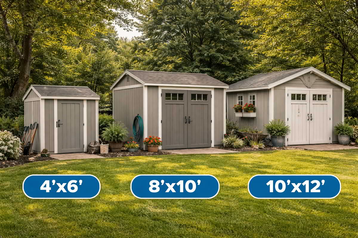 Different garden shed sizes installed in backyard landscapes