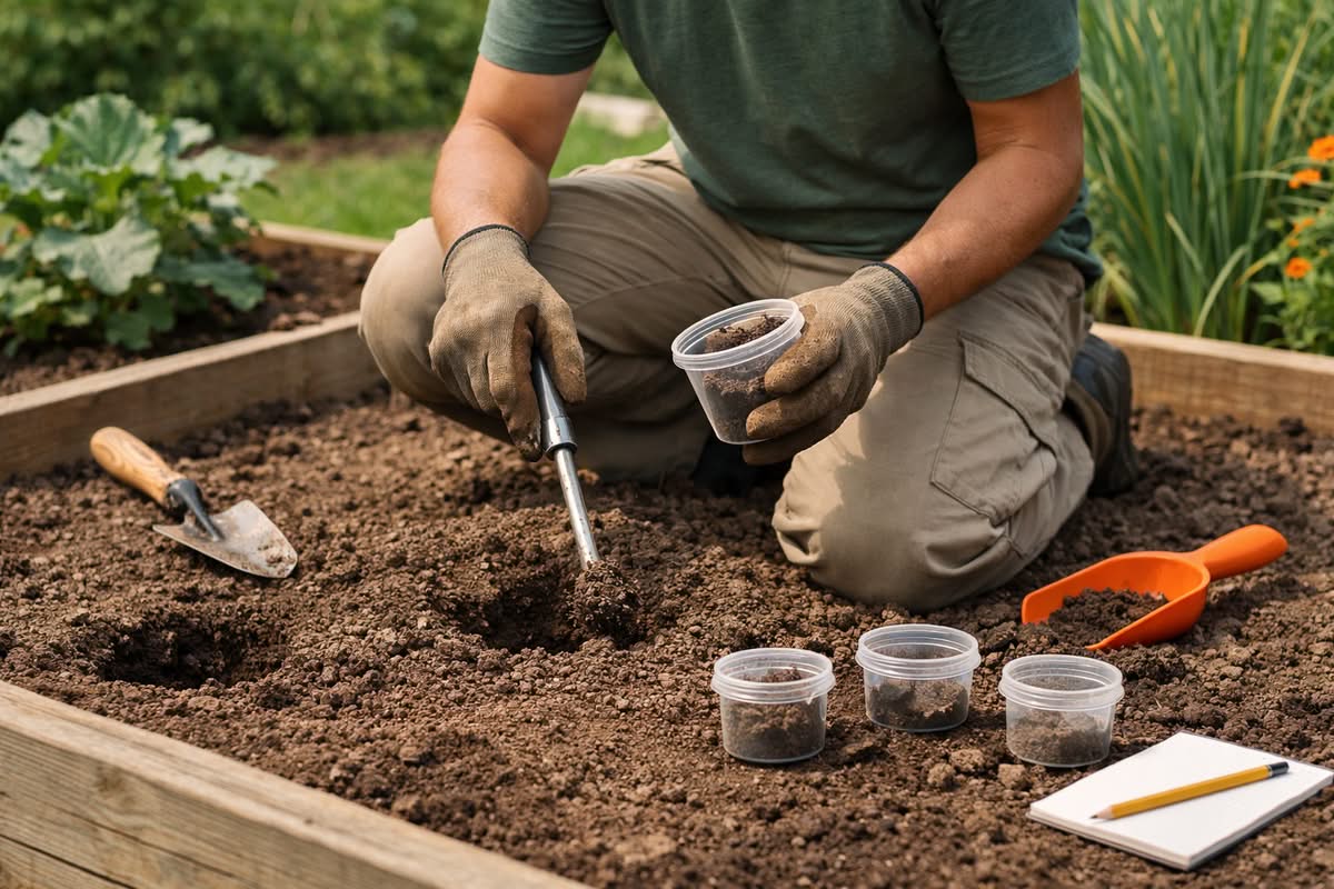 gardener collecting soil samples from multiple spots in a garden bed