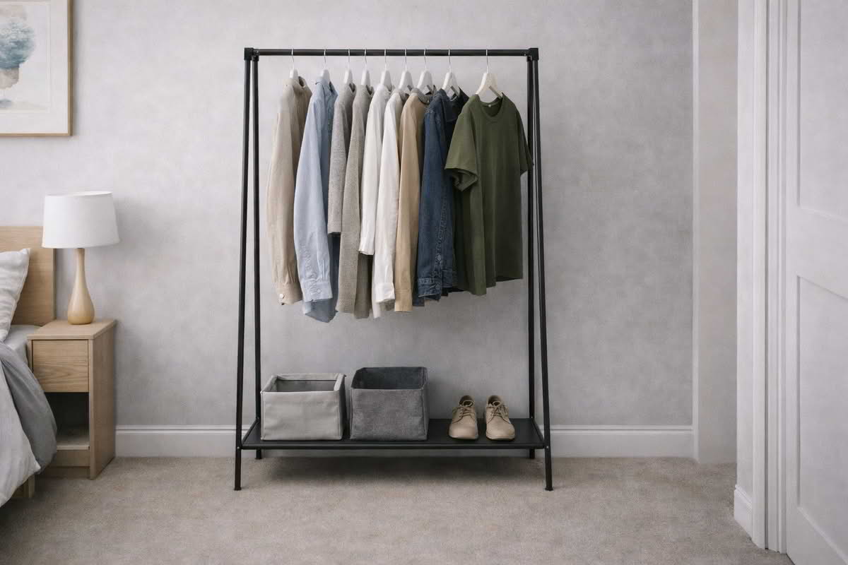 Freestanding garment rack fitted into a room with enough walkway space and balanced clothing load