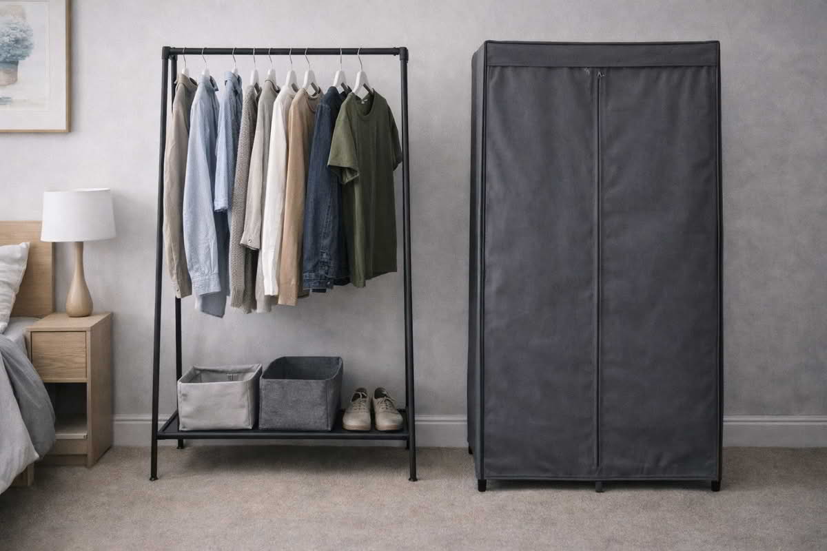 Freestanding garment storage showing an open clothing rack beside a covered portable wardrobe in a bedroom