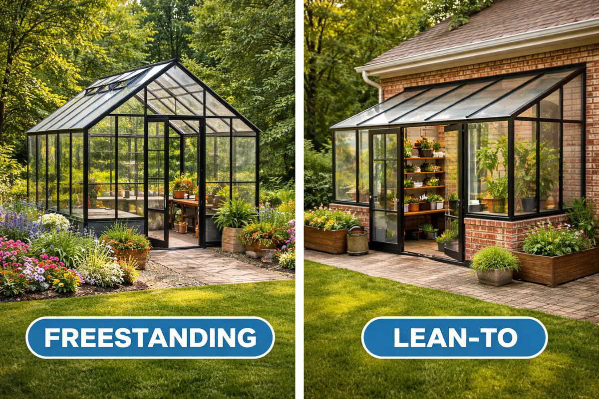 Freestanding greenhouse compared to a lean-to greenhouse attached to a house