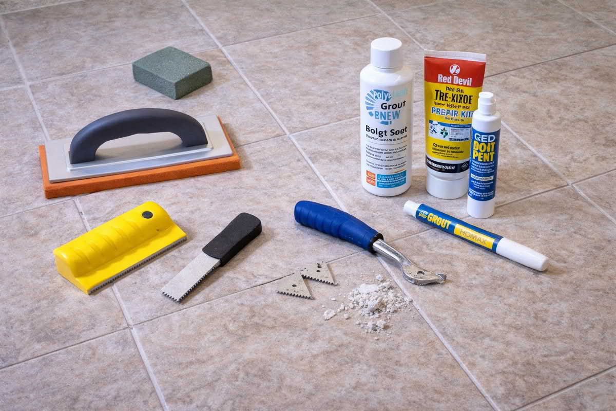 Grout float, grout removal tools, and grout repair products arranged beside tiled flooring for finishing and maintenance work