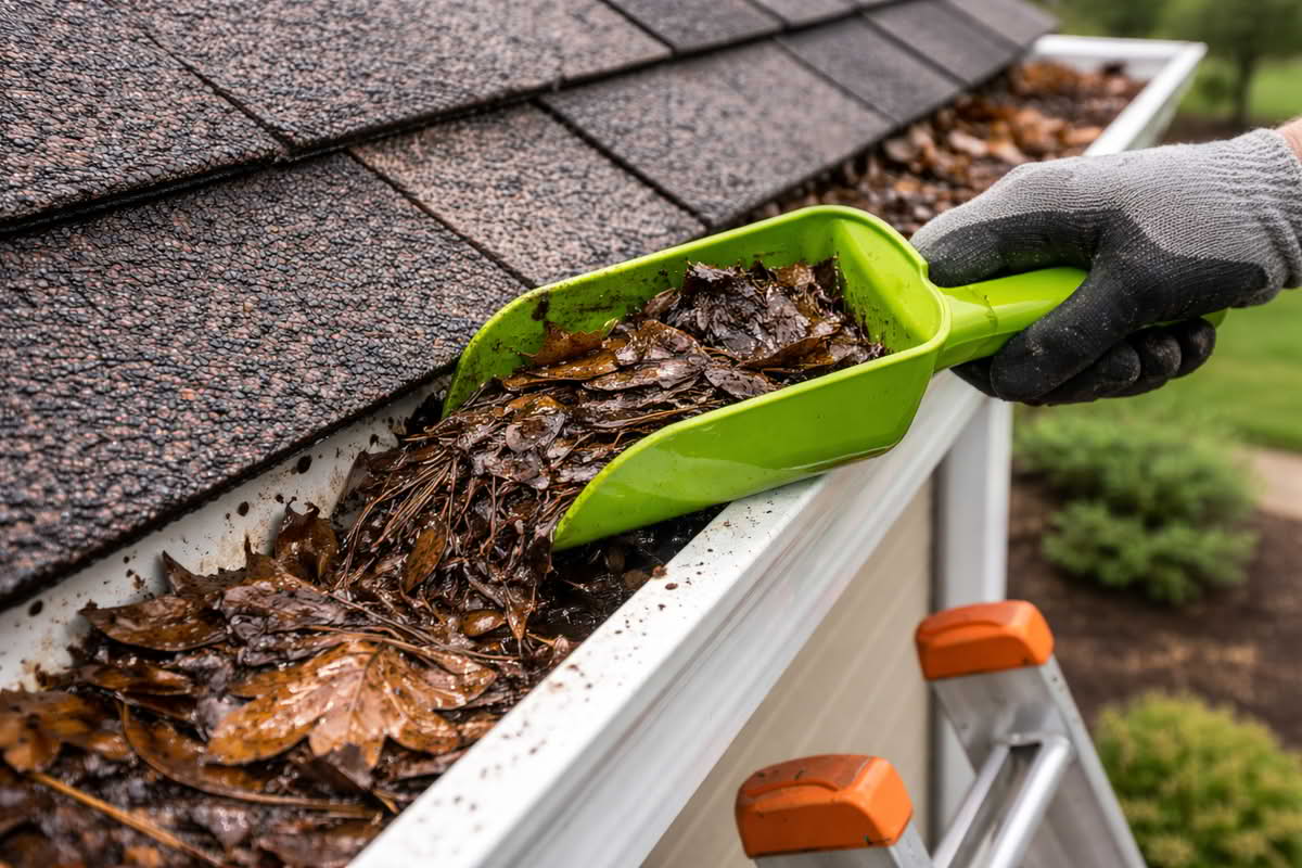 Handheld gutter scoop removing debris from roof gutter