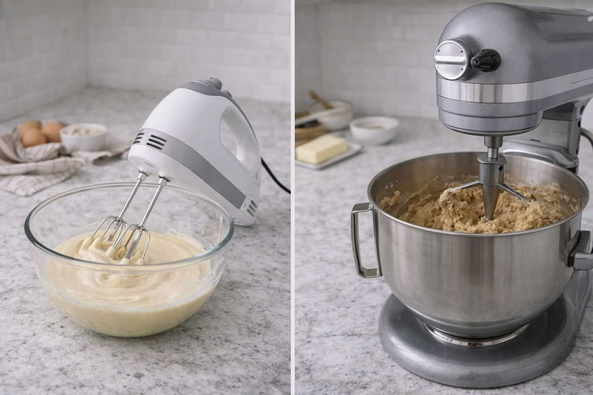A realistic home kitchen scene showing a hand mixer beside a bowl of lighter batter and a stand mixer set up for thicker dough, illustrating different home baking workloads