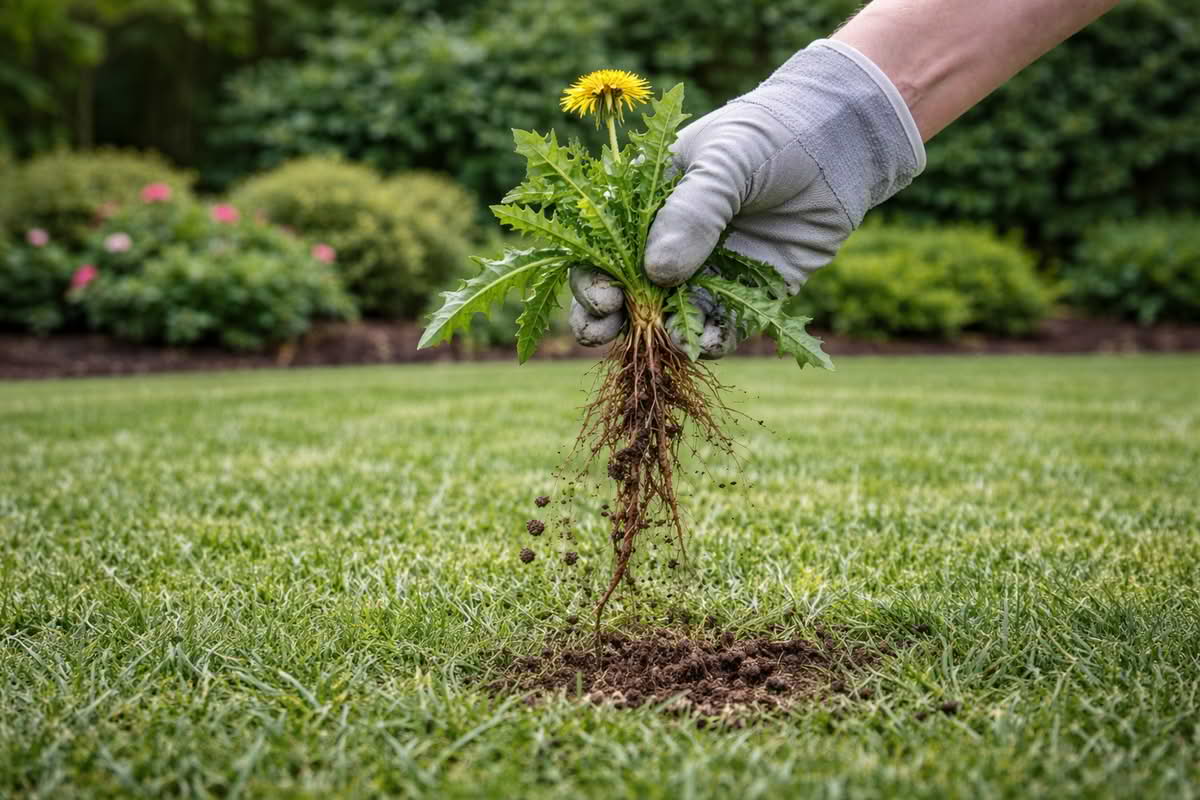 gardener removing a weed from lawn with root intact