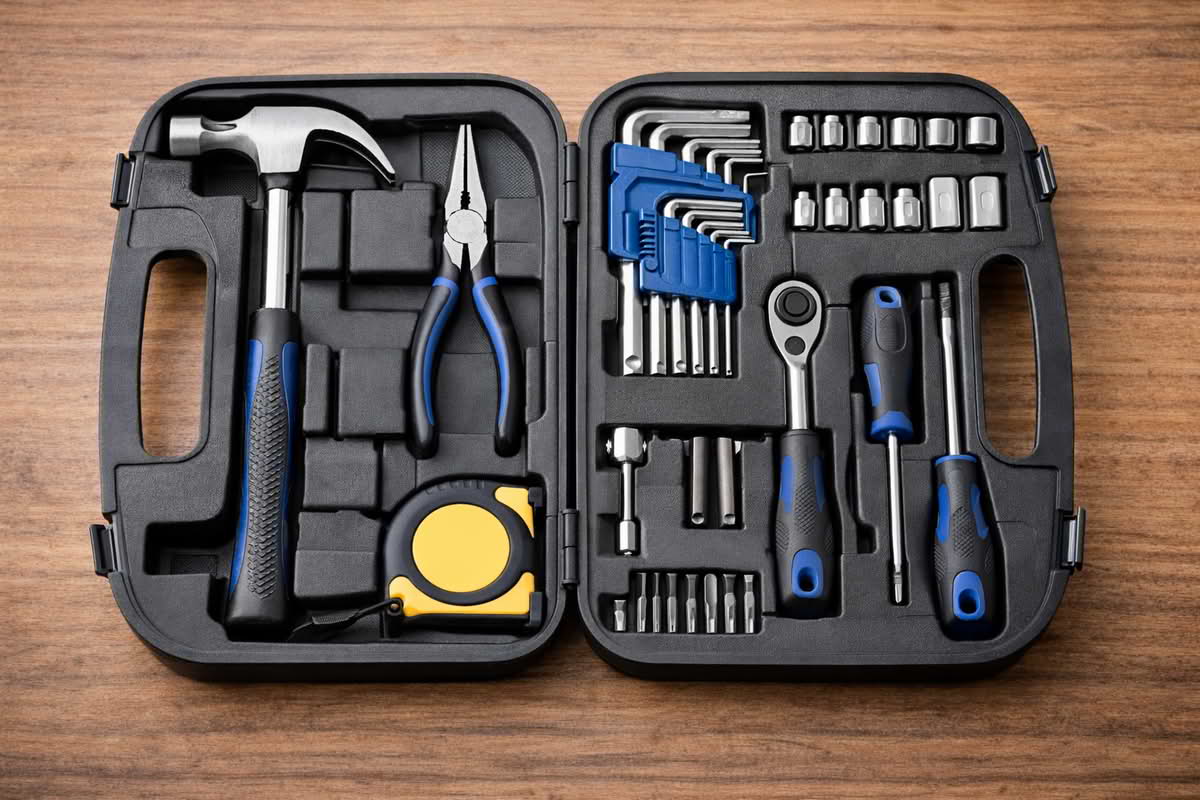 A compact hand tool set opened to show screwdrivers, pliers, hammer, tape measure, hex keys, and sockets arranged in a molded case
