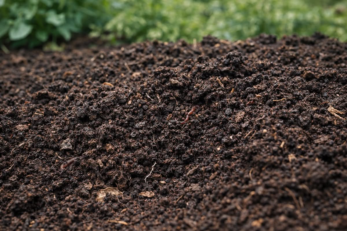 dark crumbly garden soil rich in organic matter and biological activity