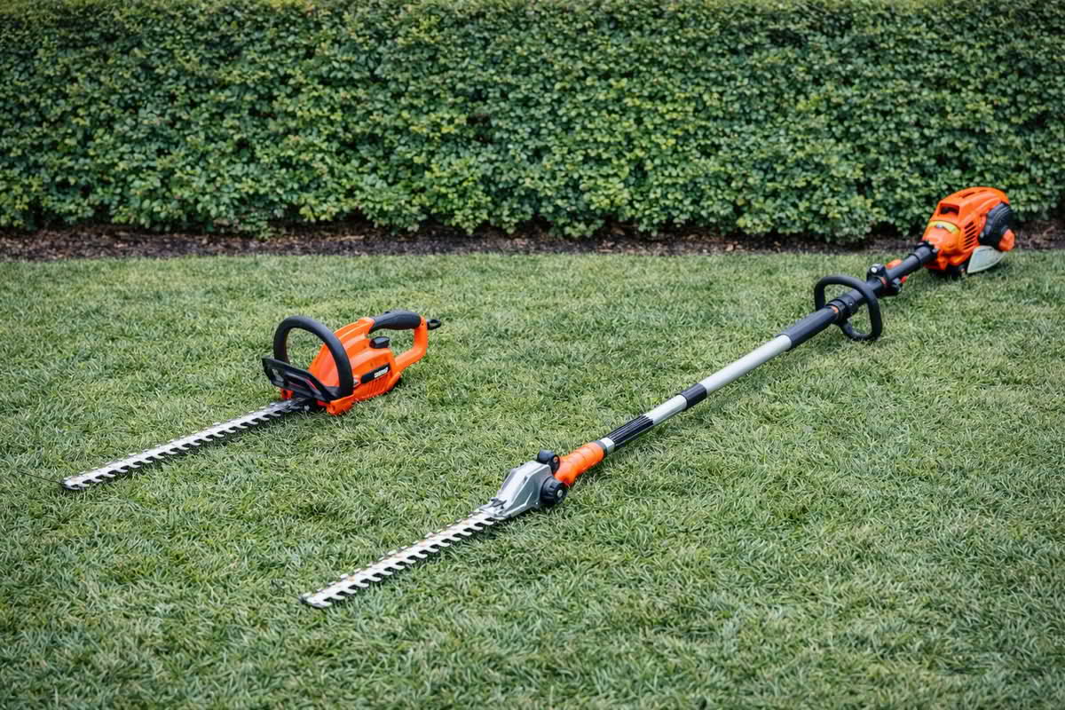 different types of hedge trimmers including standard handheld and pole hedge trimmers