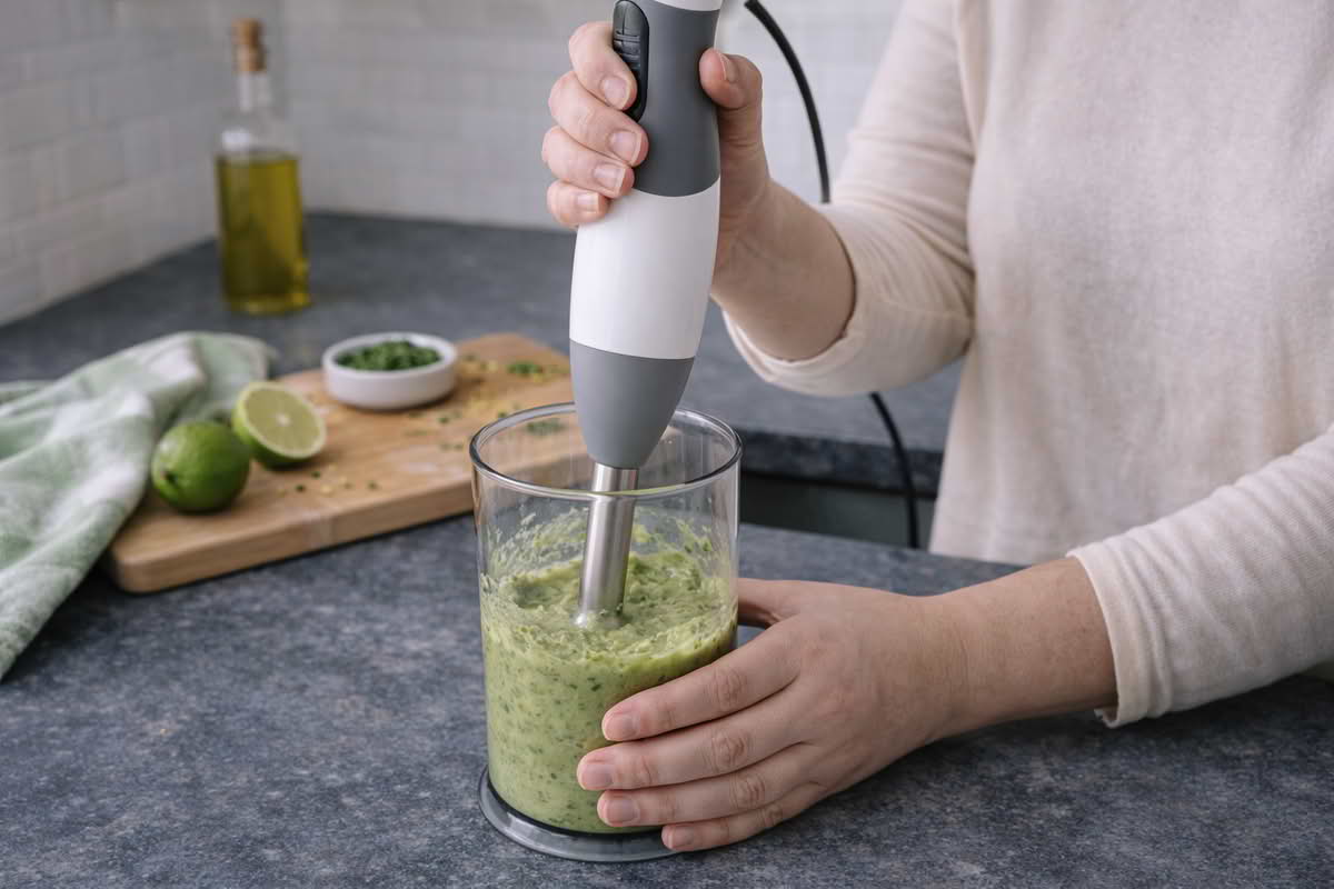 A realistic close-up of a person using an immersion blender with a steady grip in a tall mixing beaker, showing controlled blending and splash-resistant handling in a home kitchen