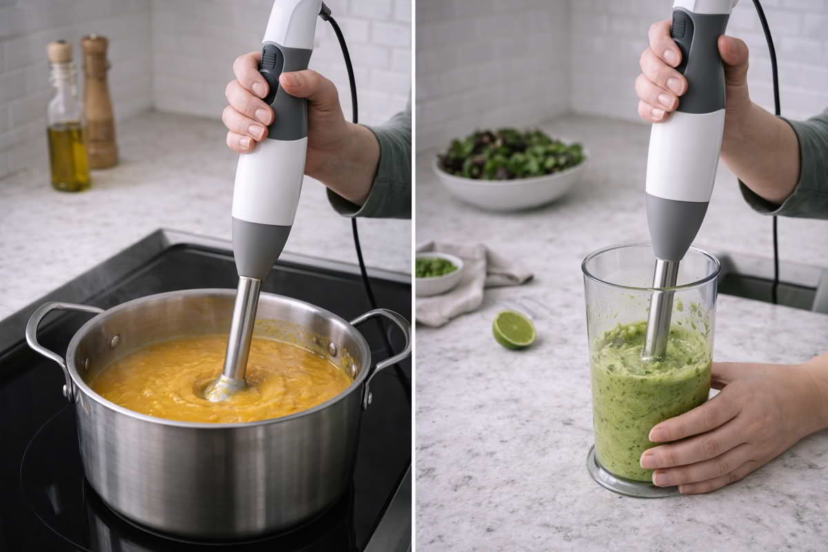 A realistic immersion blender being used directly in a pot of soup and a small mixing container in a home kitchen, showing its practical role for direct blending without transferring ingredients