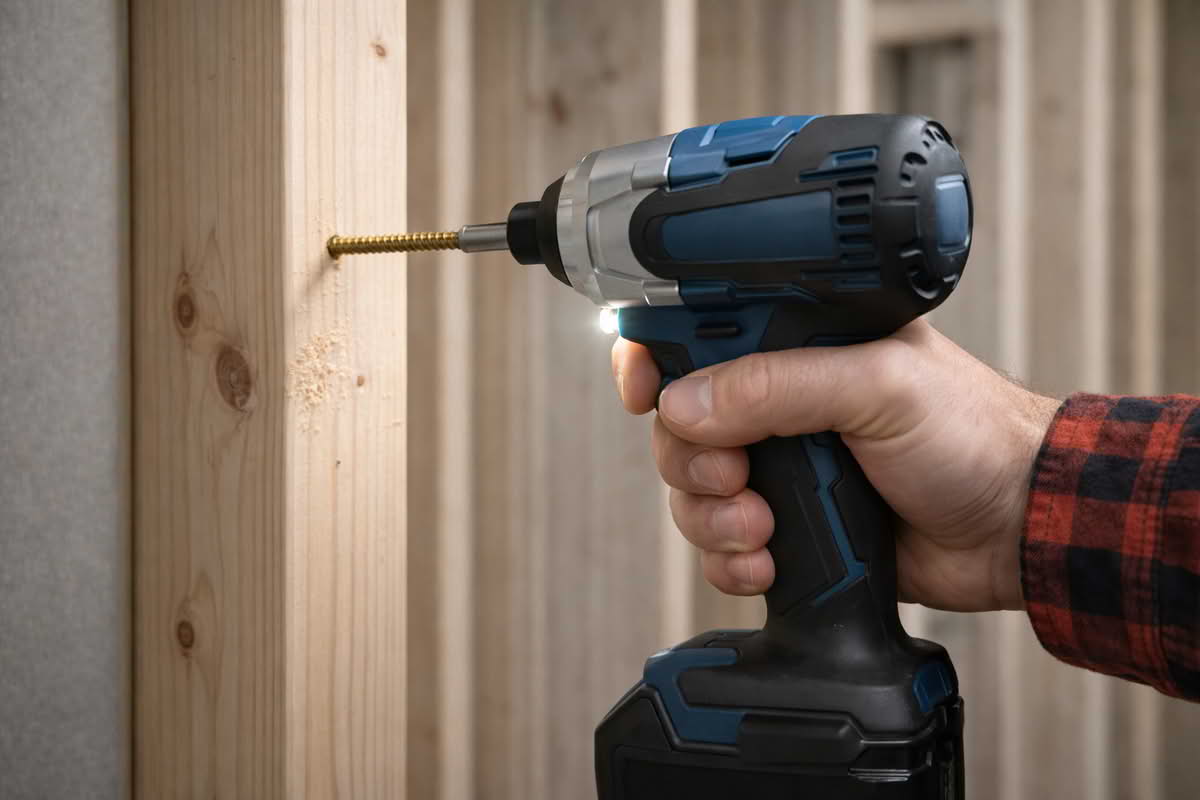 An impact driver being used to drive a long construction screw into a wood framing board during a home project