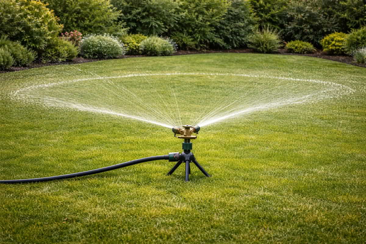 impact sprinkler rotating and spraying water across a circular lawn area