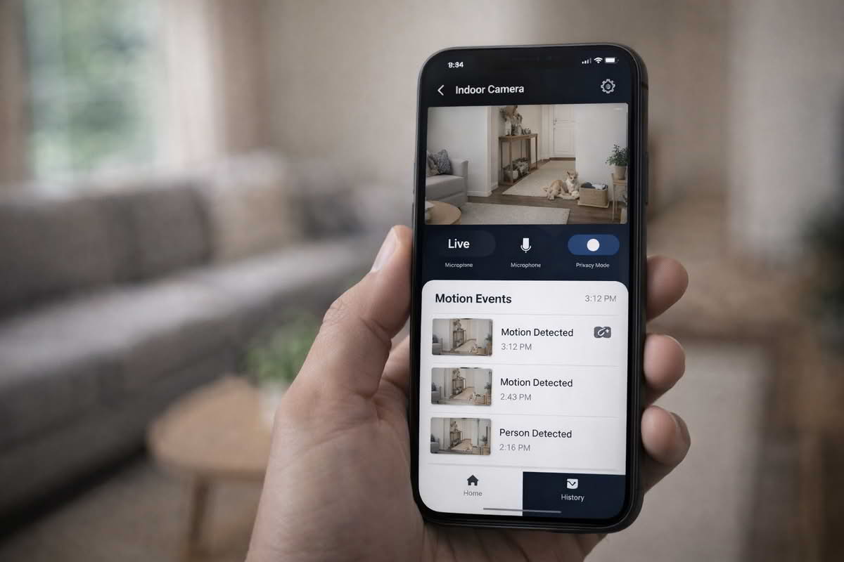 Indoor security camera app showing motion events, live view, and privacy controls