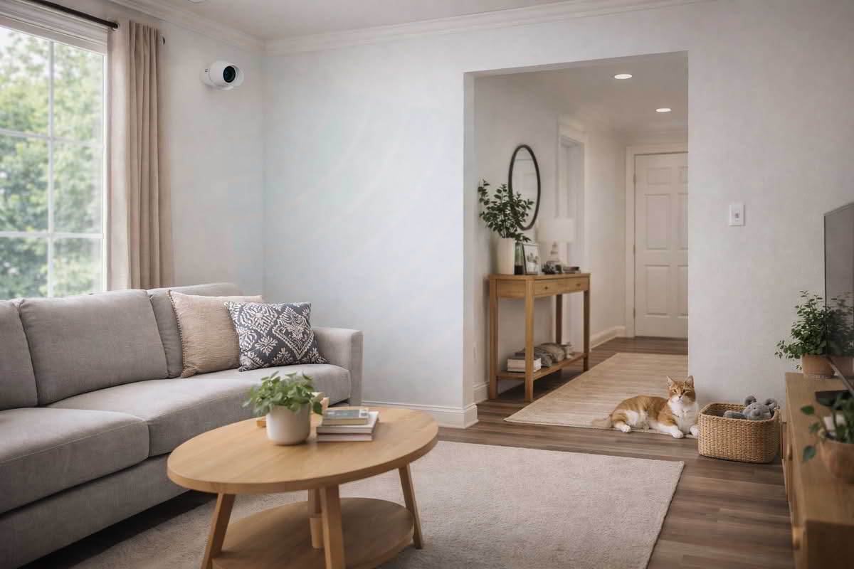 Indoor security camera placed in a living room corner covering a sofa area, entry path, and pet zone