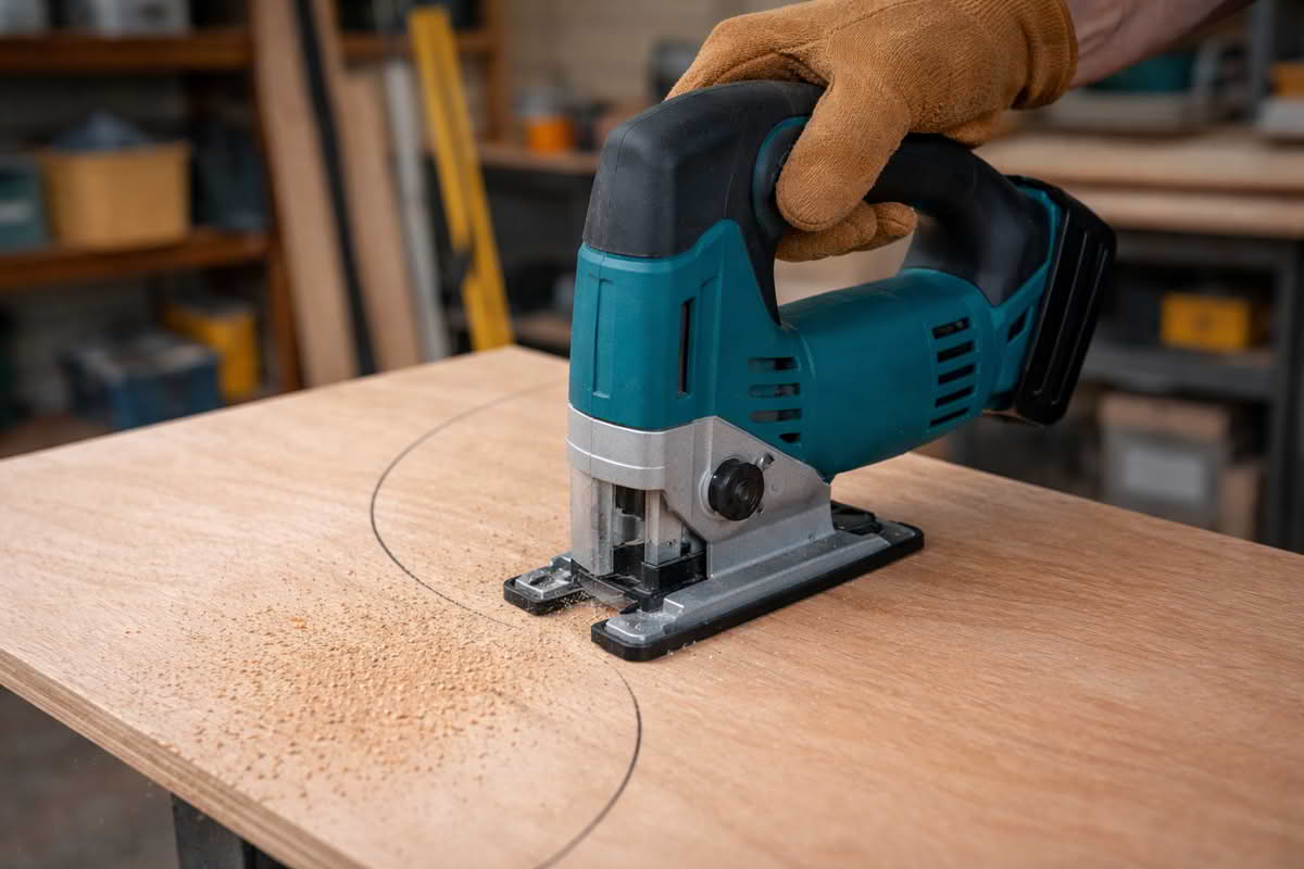 A jigsaw being used to cut a curved shape into a wood panel for a home DIY project