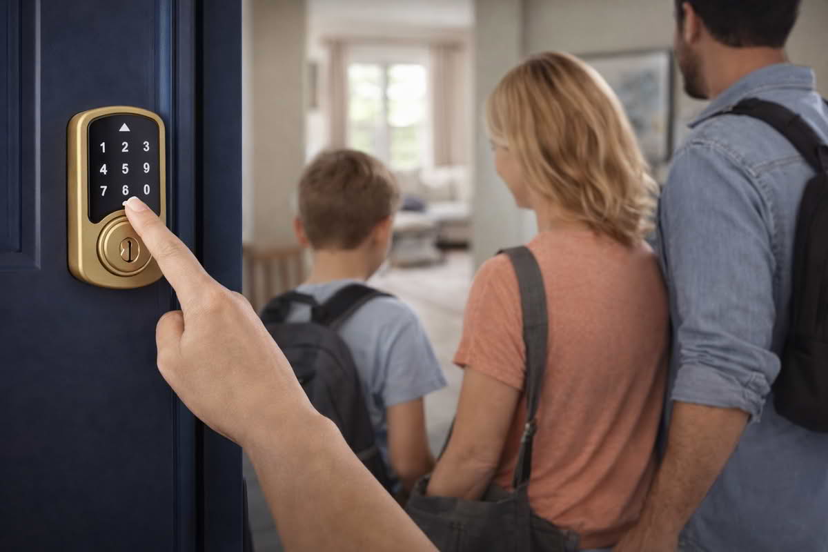 Keyless entry lock used on a front door for everyday family access without traditional keys