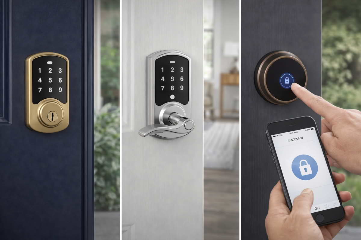 Comparison of keypad deadbolt, lever-style keyless lock, and basic app-enabled entry lock on residential doors