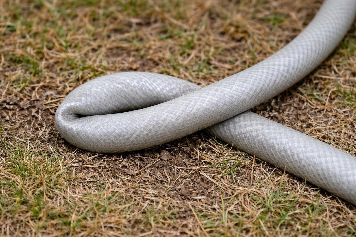 Gray reinforced garden hose tightly kinked on dry lawn demonstrating restricted water flow