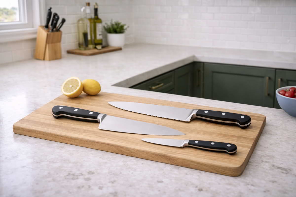A realistic kitchen knife set with the most useful everyday pieces highlighted by placement, including a chef's knife, paring knife, and bread knife in a home kitchen setting