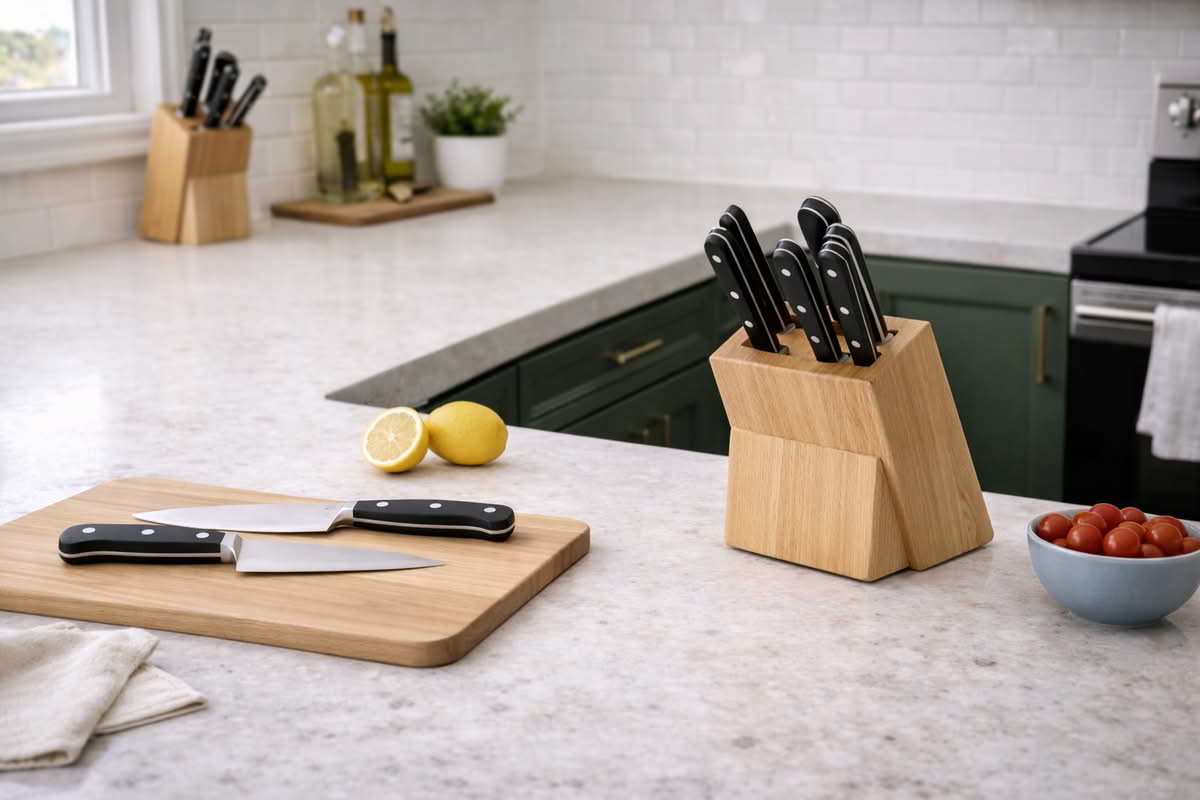 A realistic kitchen countertop with a knife block positioned in a usable prep area, showing how knife set storage affects counter space and everyday access