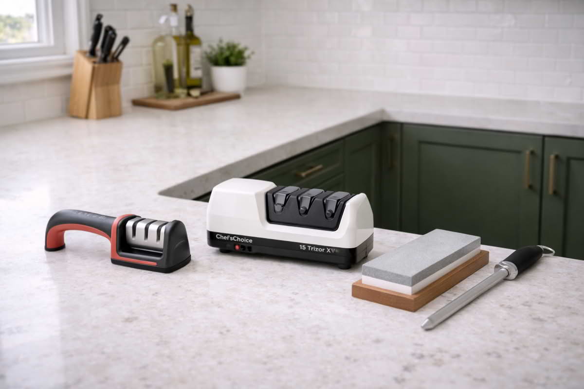A realistic kitchen countertop showing different knife sharpening tool types such as a manual sharpener, an electric sharpener, and a sharpening stone arranged for comparison in a home kitchen setting
