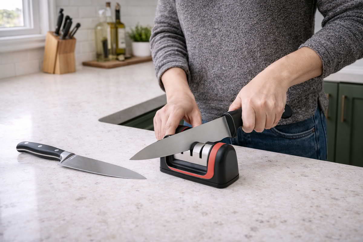 A realistic home kitchen scene with a cook using a simple knife sharpening tool beside an everyday chef knife on a clean countertop, illustrating routine kitchen knife maintenance