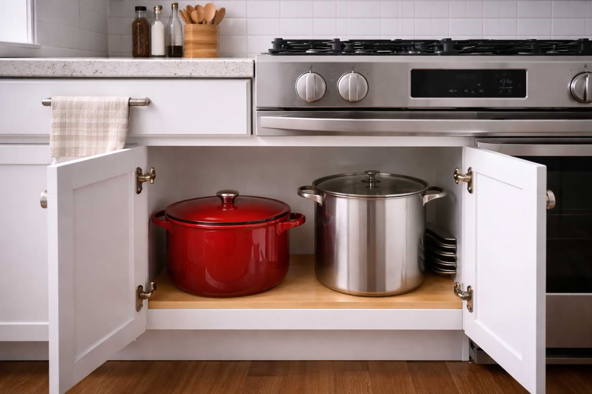 A realistic kitchen scene showing a large Dutch oven or stock pot stored in an accessible cabinet near the cooking area, illustrating how size and storage affect everyday use
