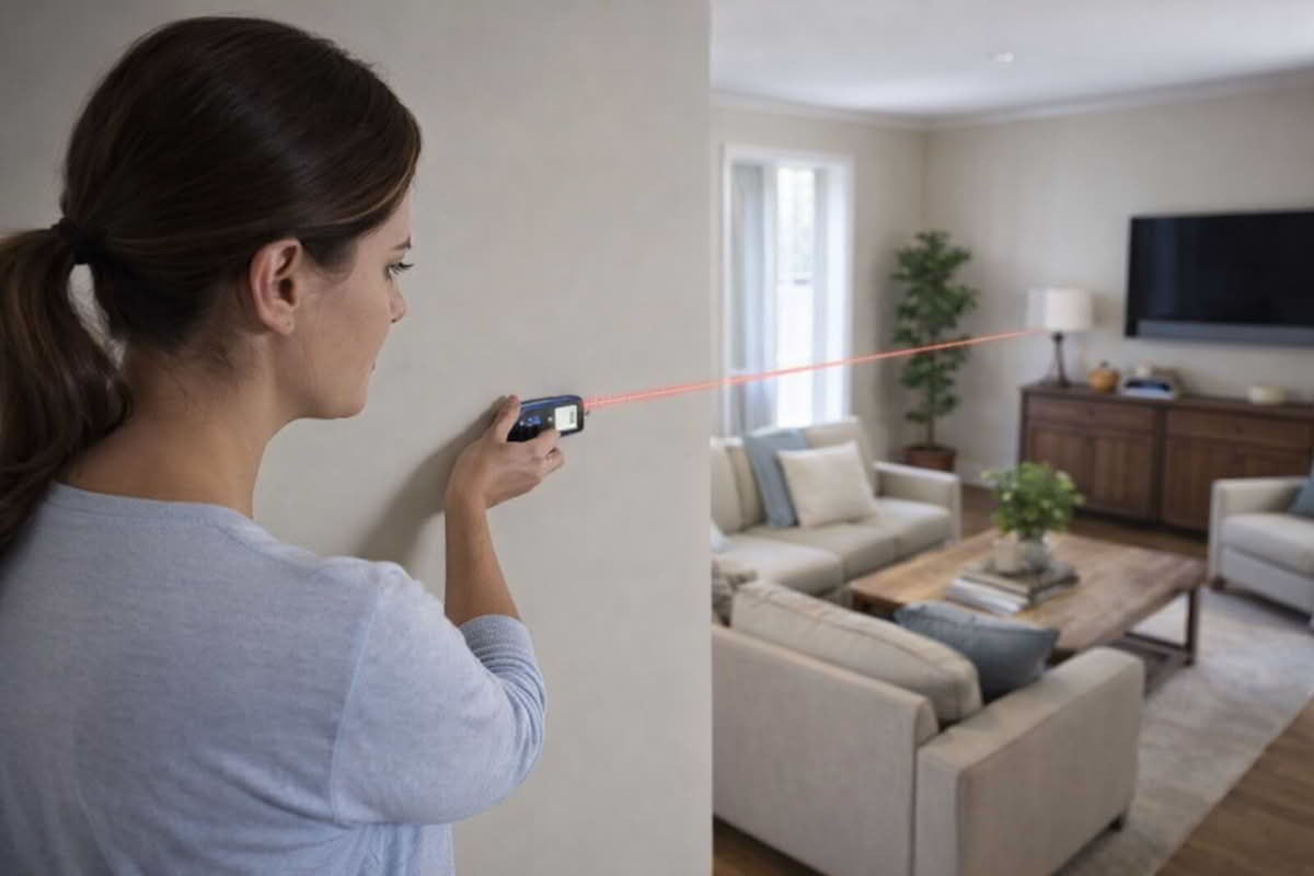 A laser distance measurer being used across a living room to capture wall-to-wall dimensions for planning and layout